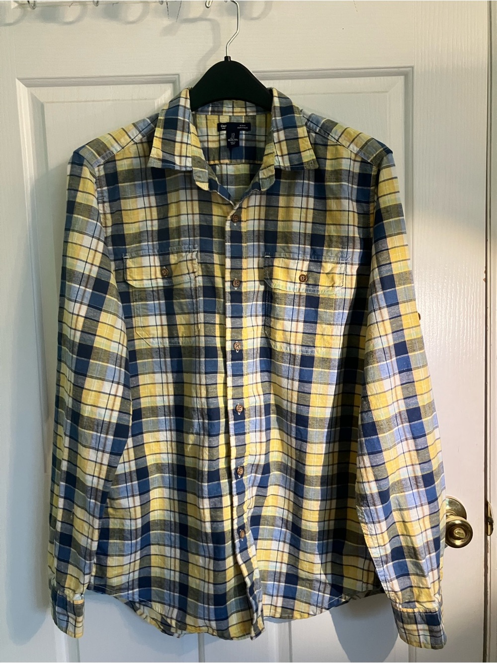 Men's Long-Sleeve Plaid Button-Up Cotton/Flax Shirt in Yellow & Blue